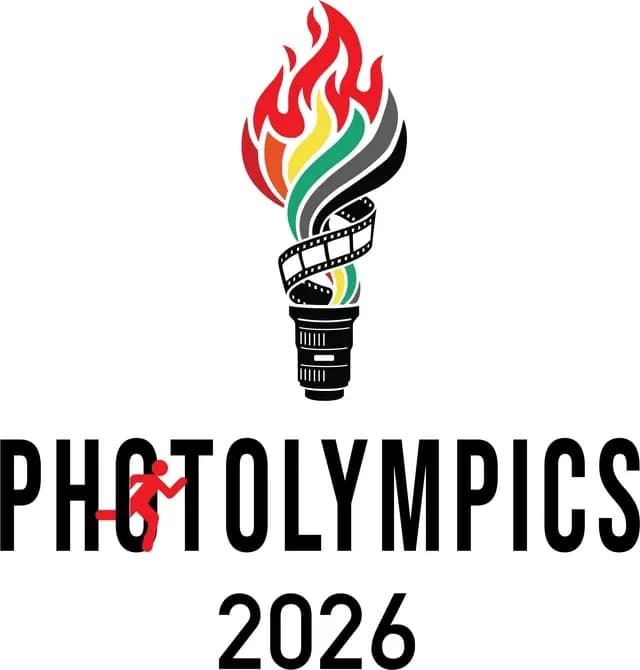 Photolympics 2026 official logo: a torch made of a camera lens and film strip